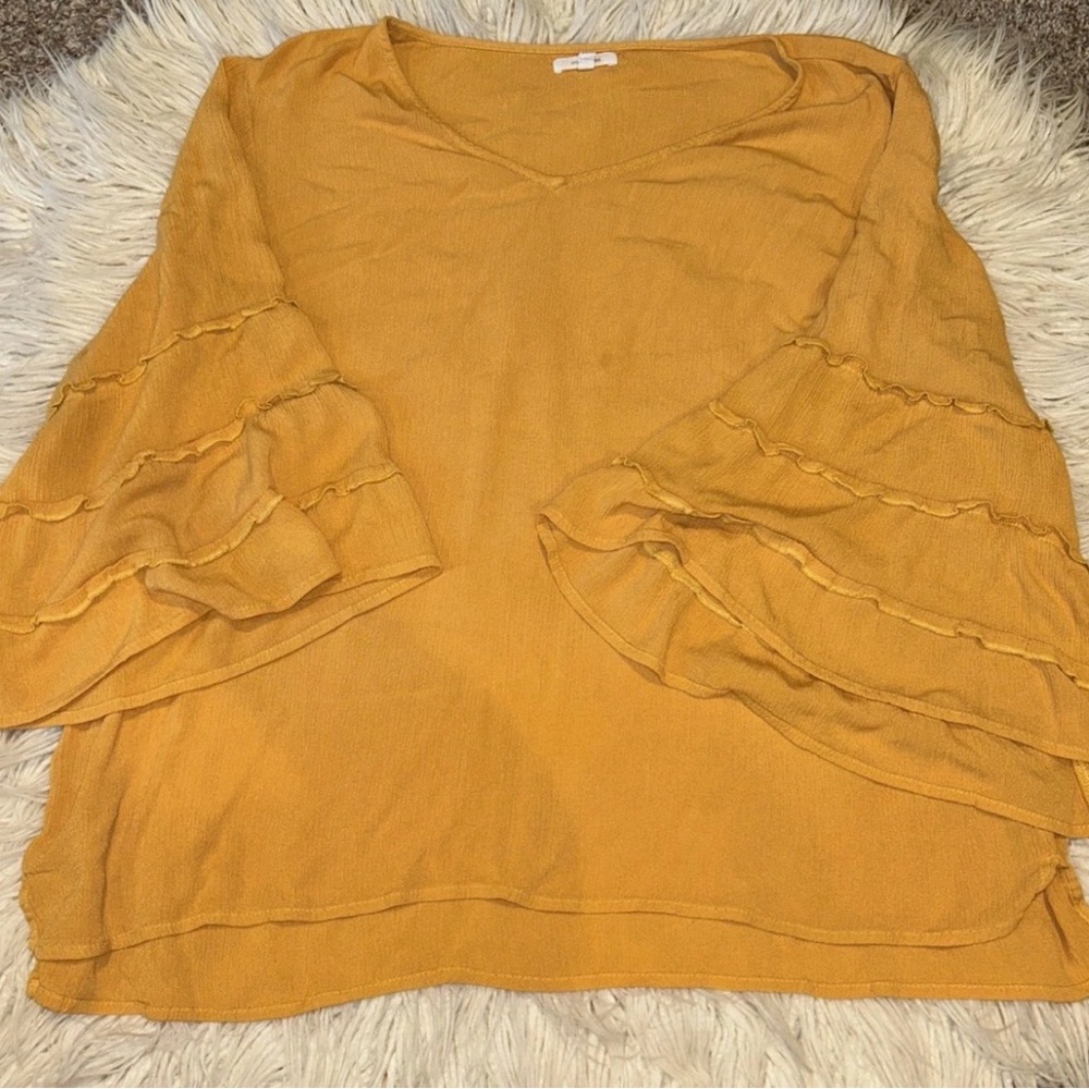 Maurices XXL Mustard Yellow V-Neck Top with flutter 1/2 to 3/4 length sleeves